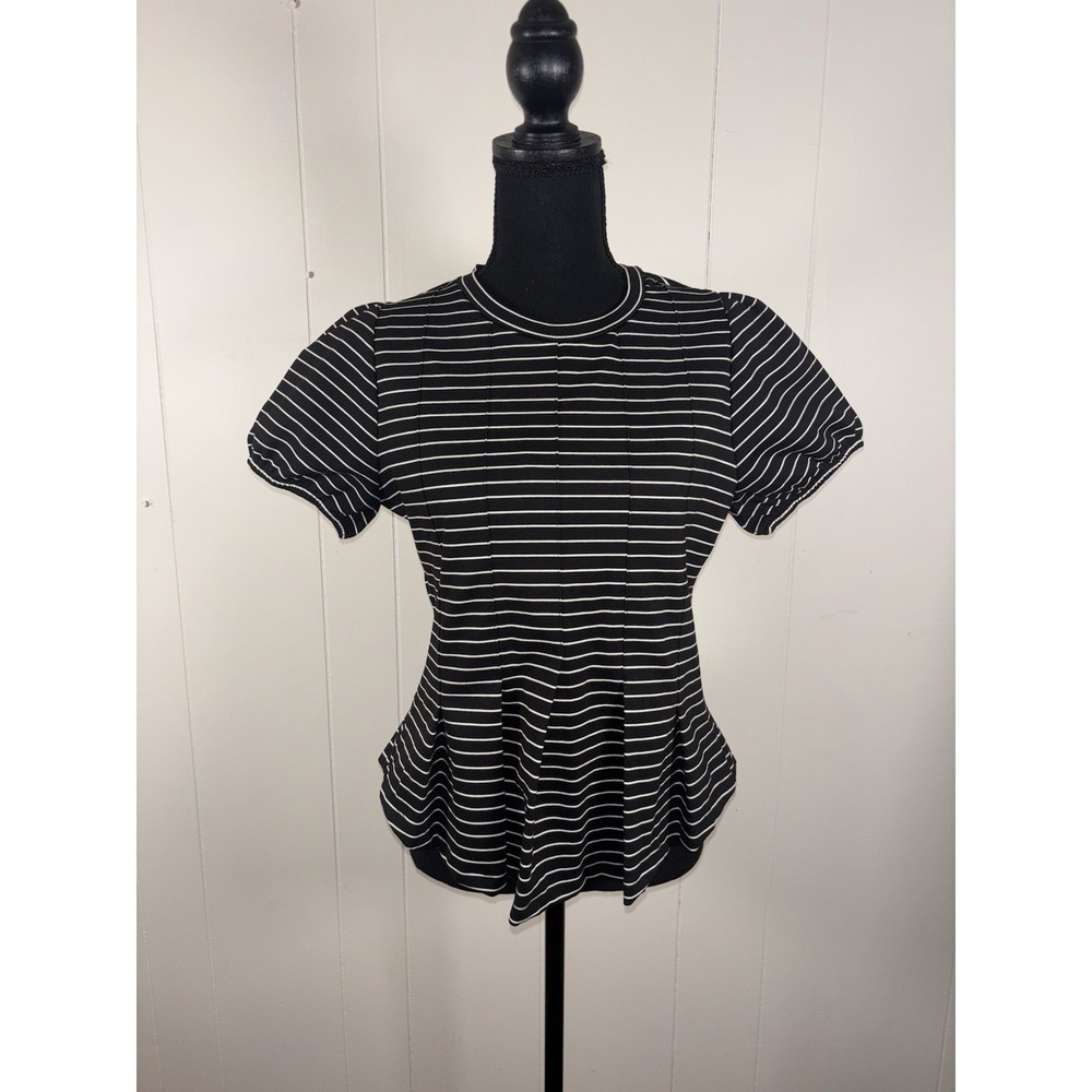 Maeve Anthropologie Corset Peplum Top Black White Stripe‎ Puff Sleeve Size Small
